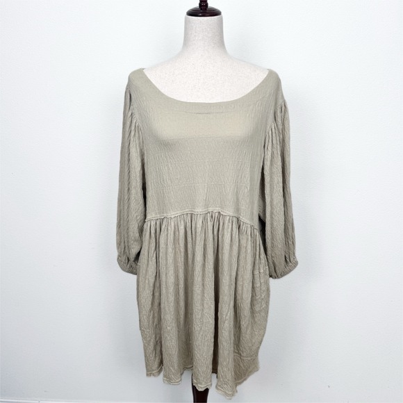 Free People Beach Dress Womens Large Beige Babydoll Relaxed Boho Resort Peasant - Picture 1 of 13